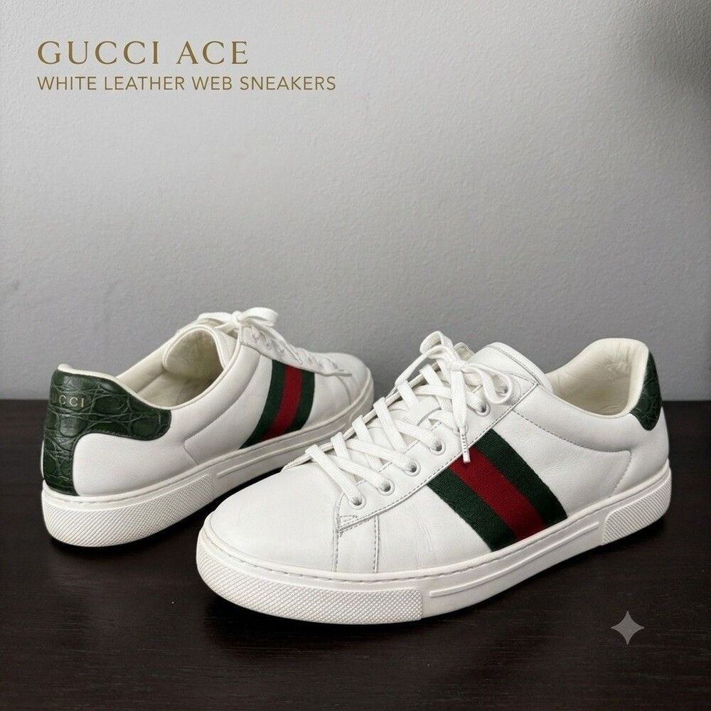 Gucci Ace White Leather Low Top Sneakers Green Red Web Croc Heel Size 11 US 12